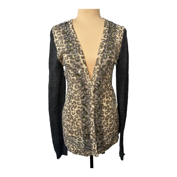 BKE Animal Print Bead Embellished Long Line Wool Blend Cardigan, Size M - Picture 1 of 5